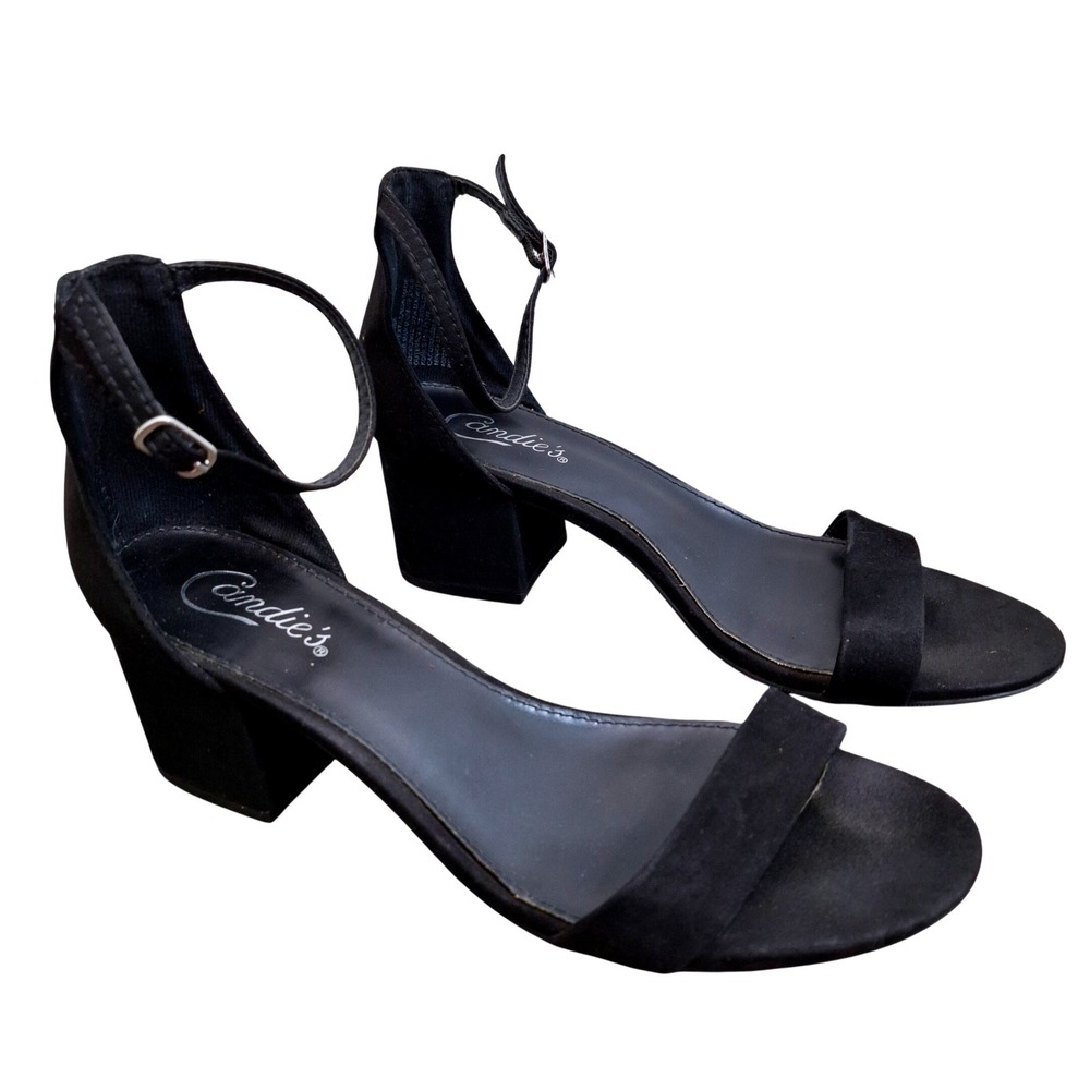 Candies Women's Black Faux Suede Block Heel Ankle Strap‎ Sandals Size 8.5 M